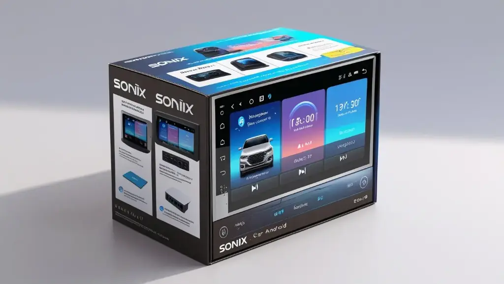 sonix car android 9 inch with all features on package box (3).webp