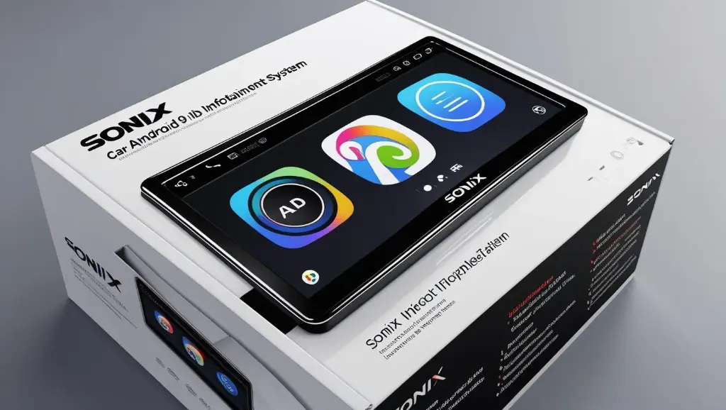 sonix car android 9 inch with all features on package box.webp